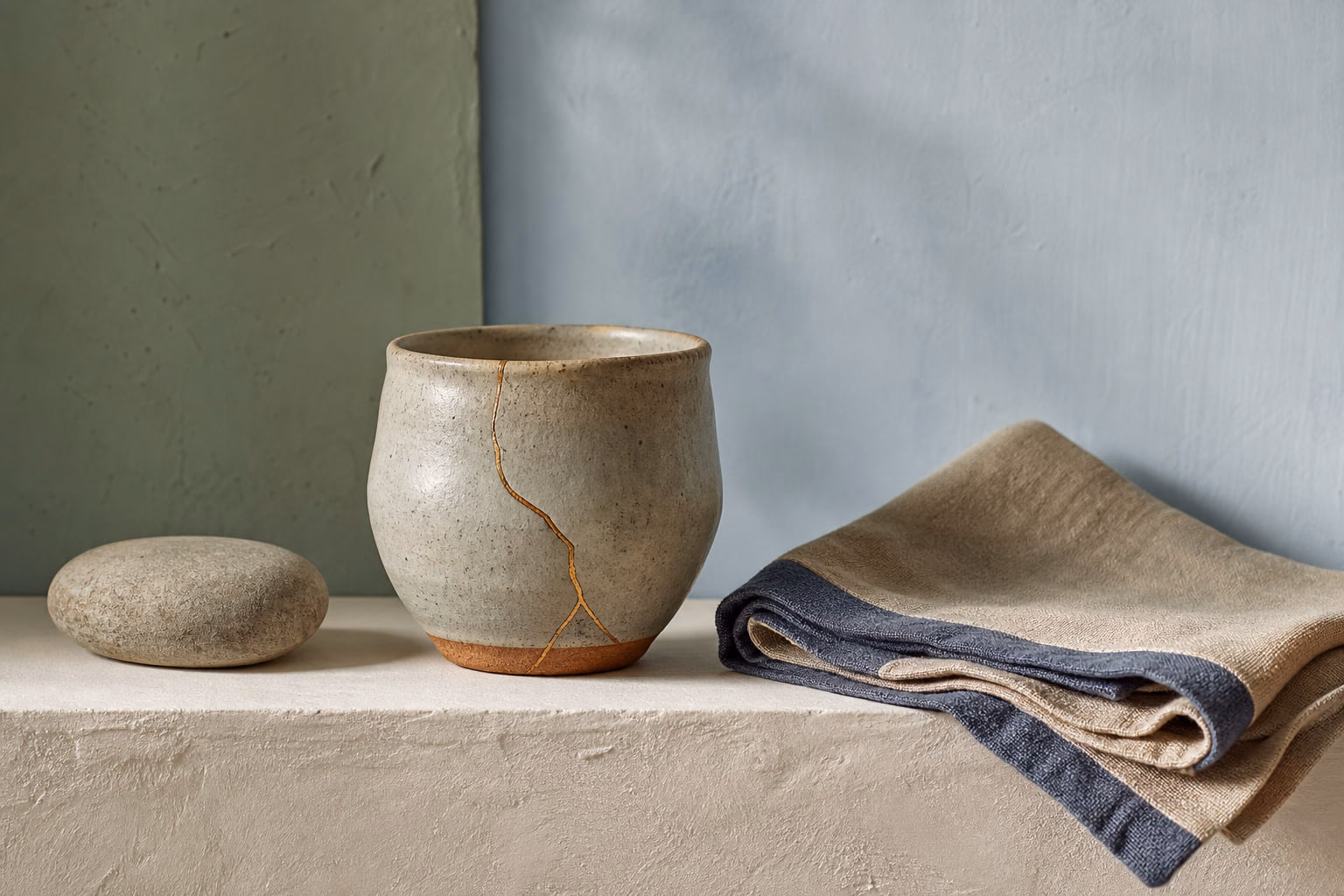 Vaso de cerâmica reparado com linha dourada ao lado de tecido e pedra