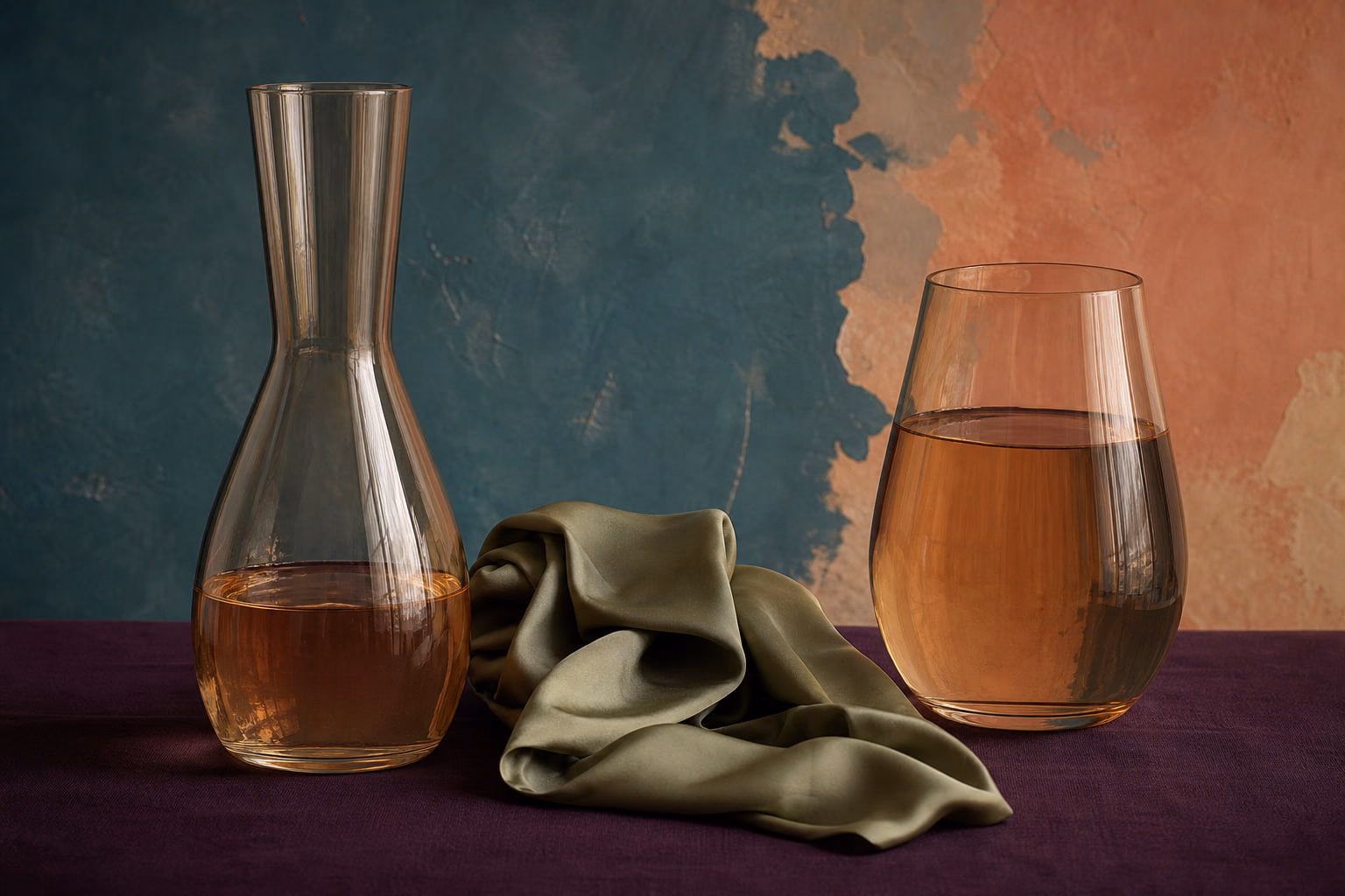 Dois vasos de vidro com água em níveis diferentes e tecido verde entre eles