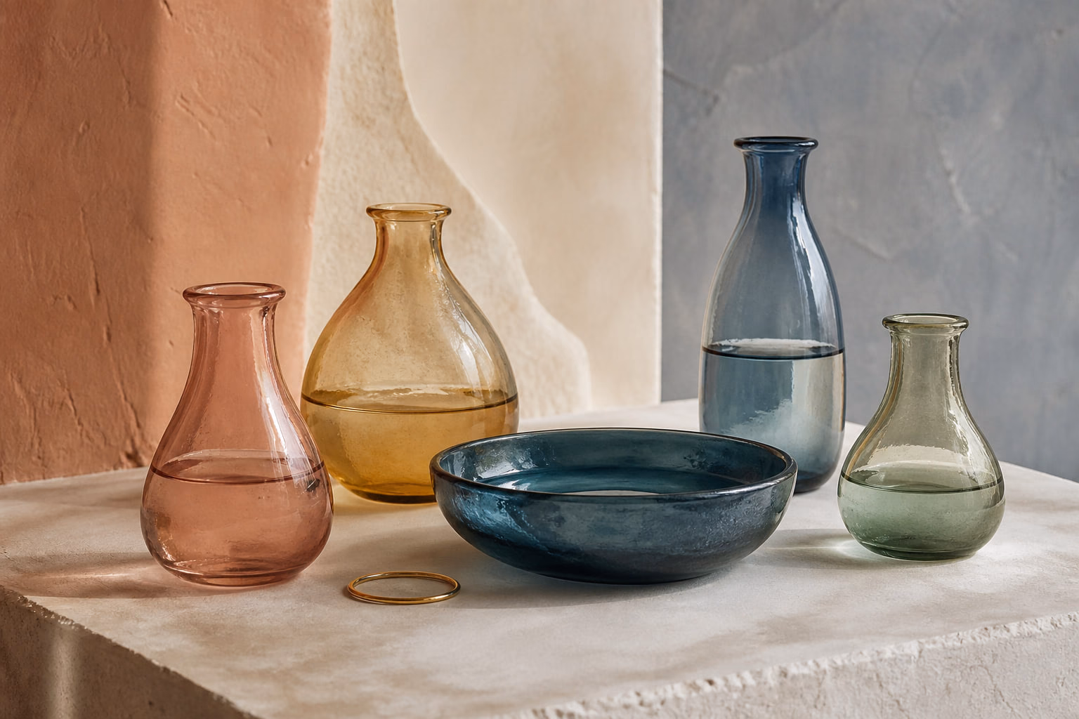 Vasos de vidro colorido com diferentes níveis de água ao redor de uma tigela azul